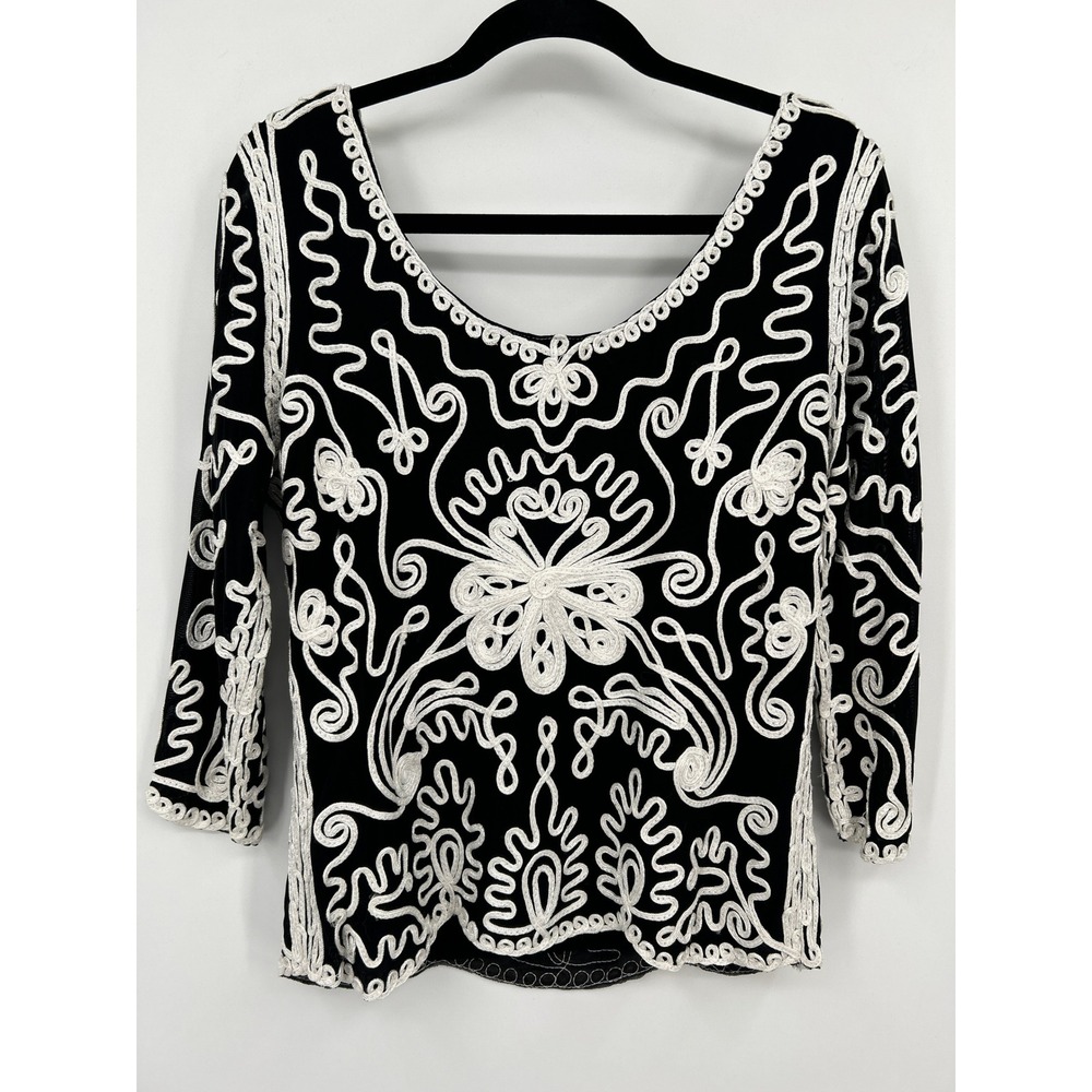 Cartise International Black White Soutache Embroidered Mesh Top V-Neck Size 12 - Picture 13 of 15
